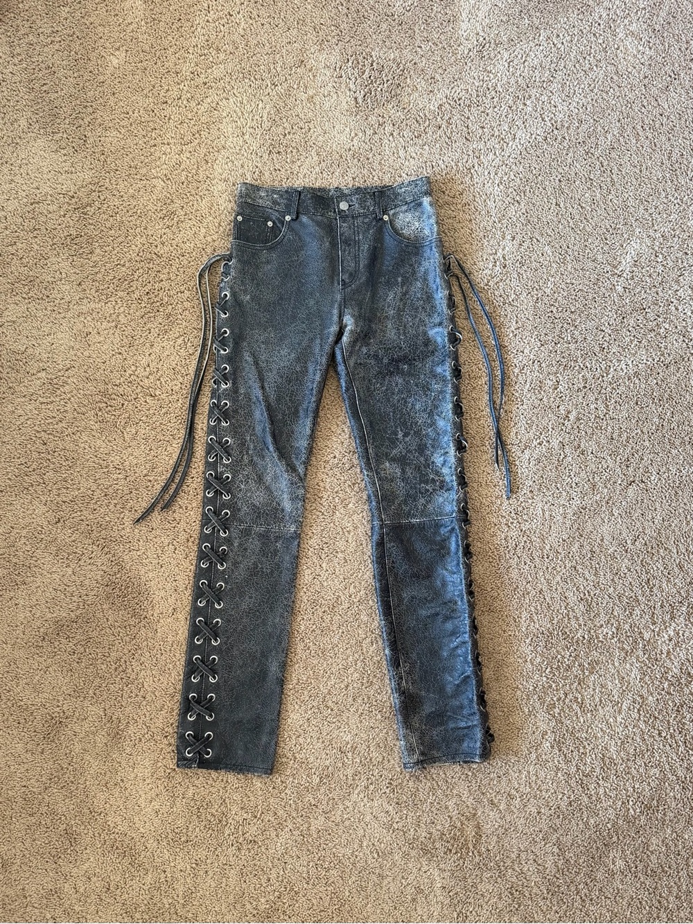 Mm6 Maison Margiela Black Side Lace Distressed Calf Leather Pants [38]